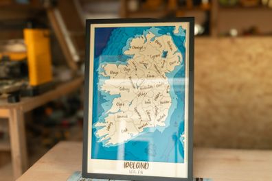 Handmade Wooden Map of Ireland - Layered Wood - Engraved with 32 Counties - Framed Wall Art