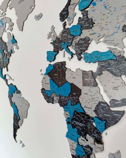 3D Premium Wooden World Map with Country Borders Country Names Capital Names US and Canada Borders and Names World Biggest City Names World