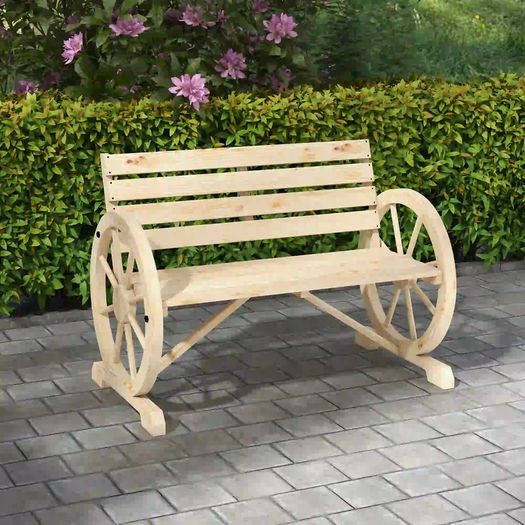Wagon Wheel Chair Bench Armrest Rustic Loveseat Wood Outdoor Garden, Natural