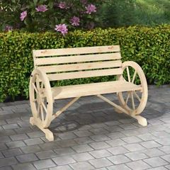 Wagon Wheel Chair Bench Armrest Rustic Loveseat Wood Outdoor Garden, Natural