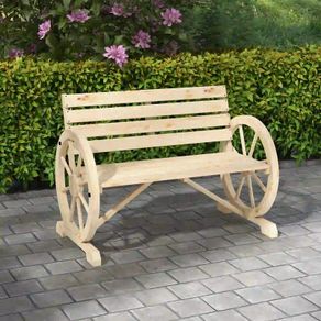 Wagon Wheel Chair Bench Armrest Rustic Loveseat Wood Outdoor Garden, Natural