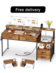 Computer Desk with Power Outlet and Monitor Stand