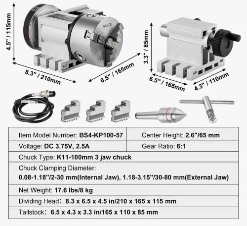 Dividing Head, K11-100mm 3-Jaw Chuck, CNC Router Milling Machine Rotational Axis 4th Axis A Axis Indexing Head, 66 mm(2.6")/65 mm Center Height MT2 Tailstock 6:1 Gear Ratio, Universal for Engraving