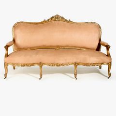 19th Century French Louis XV Antique Sofa  Carved Wood  Gilded Details