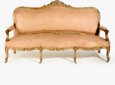 19th Century French Louis XV Antique Sofa  Carved Wood  Gilded Details
