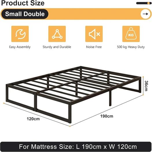 Small Double Bed Frame 120x190 cm Metal Platform Bed Small Double Steel Slat Support, Easy Assembly, Noise Free, No Box Spring Needed, 36cm High, Black