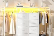 8-Drawer Dresser for Bedroom with Hanging Rack, LED Lights, Fabric Drawers, Metal Frame &amp; Wooden Top, Heavy Duty Cloth Rack Closet Wardrobe with Drawers 150cm W x110cm H, White