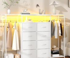 8-Drawer Dresser for Bedroom with Hanging Rack, LED Lights, Fabric Drawers, Metal Frame & Wooden Top, Heavy Duty Cloth Rack Closet Wardrobe with Drawers 150cm W x110cm H, White