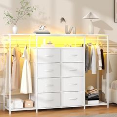 8-Drawer Dresser for Bedroom with Hanging Rack, LED Lights, Fabric Drawers, Metal Frame & Wooden Top, Heavy Duty Cloth Rack Closet Wardrobe with Drawers 150cm W x110cm H, White