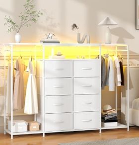 8-Drawer Dresser for Bedroom with Hanging Rack, LED Lights, Fabric Drawers, Metal Frame & Wooden Top, Heavy Duty Cloth Rack Closet Wardrobe with Drawers 150cm W x110cm H, White