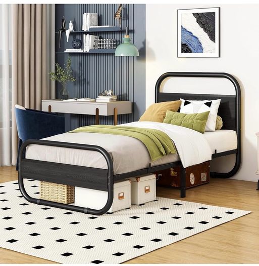 Single Bed Frame with Headboard, Black Single Bed 90x190 cm