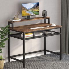 _Computer desk for writing, studying, PC laptop desk with shelf and monitor stand, industrial workstation desk for home office