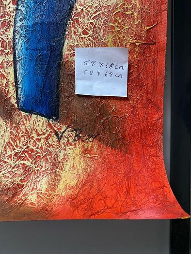 Textured Impasto Painting unframed Stylized Figures in Bowler Hats by V. Bon  size58x68cm