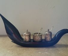 20th Century malaysian silver condiment set in carved/polished horn base tray of a bird