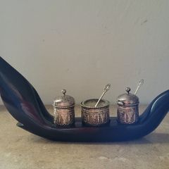 20th Century malaysian silver condiment set in carved/polished horn base tray of a bird