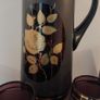 Fabulous Vintage Retro Mid-Century-Modern Hand Blown Tall Glass Pitcher with Six Matching Glasses in Purple/Amethyst Glass with Rose Pattern and Rose Gold Gilt Banding and Frosted Effect Image 10