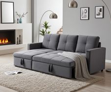 Grey velvet Corner Sofa Bed with Storage & Pull-Out Base