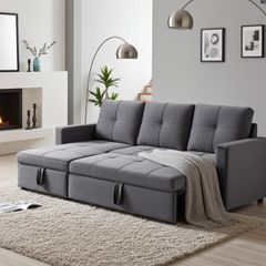 Grey velvet Corner Sofa Bed with Storage & Pull-Out Base
