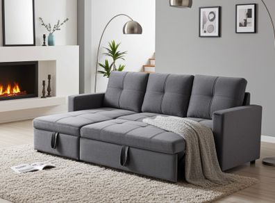 Grey velvet Corner Sofa Bed with Storage & Pull-Out Base