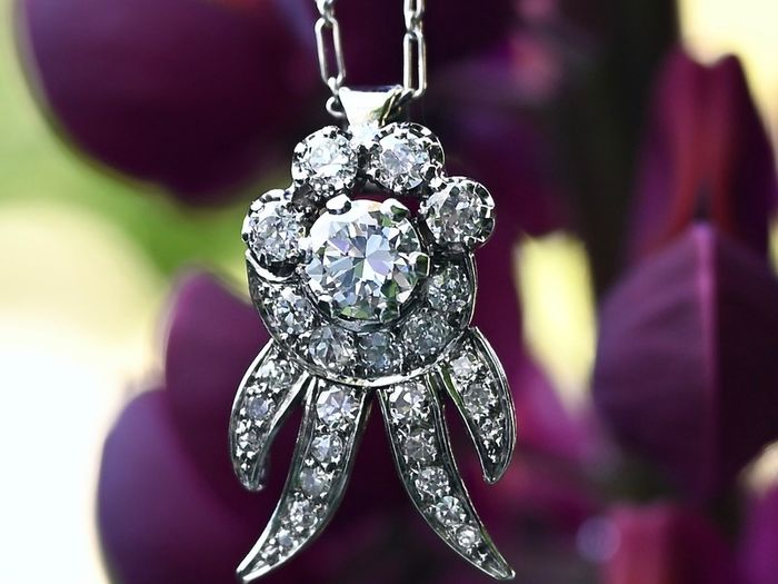 Antique Art Deco Diamond Cluster Pendant Necklace - Platinum