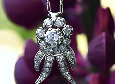 Antique Art Deco Diamond Cluster Pendant Necklace - Platinum