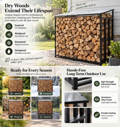 Outdoor Firewood Log Rack with Sloped Roof 143cm, Powder-Coated Steel Frame