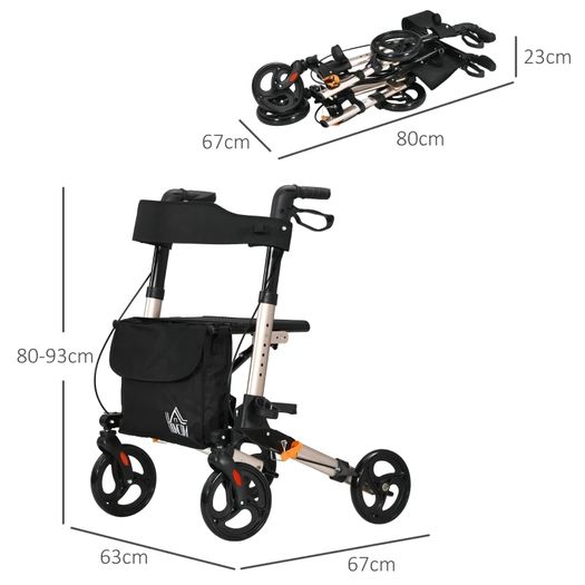 Wheel Rollator with Seat and Back, Folding Mobility Walker with Carry Bag, Adjustable Height, Dual Brakes, Cane Holder, Lightweight Aluminium Walking Frame for Seniors and Disabled, Gold Tone