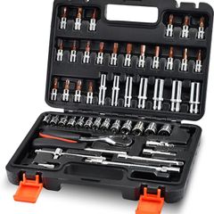 53-Piece 1/4" Socket Set,Driver Bits Metric Tool Set,72 Teeth Quick Release Ratchet Wrench Set with Flexible Extension Rods,S2 Screwdriver Bit,CRV Sockets/Deep Sockets,Tool for Car Bicycle Repair&DIY