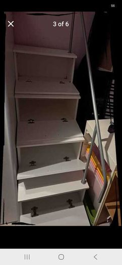 White high sleeper bed with desk, wardrobe and storage steps