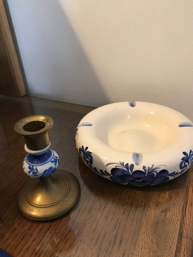 Blue/ white china dish and candle holder