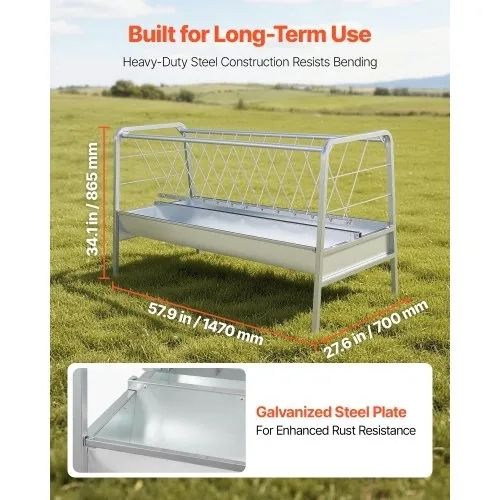 Livestock Hay Feeder, 2 in 1 Grain & Hay Feeder, 300L Capacity, 147 cm Long Goat Pasture Feeding with Deeper Feeding Pan, Heavy Duty Steel Grain Holder for Sheep Sheds, Farms, Horse Barns, Yards