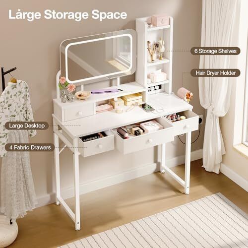 Dressing Table with Large LED Mirror, 3 Lighting Modes Adjustable Brightness, Built-in USB & AC Socket, Vanity Table with 4 Fabric Drawers, Modern Makeup Desk 100x40x140cm