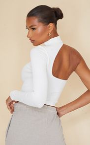 BNWT Pretty little thing white contour rib High Neck asymetric crop top size XS Postage included