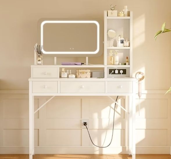 Dressing Table with Large LED Mirror 3 Lighting Modes Adjustable Brightness, Built in USB AC Socket Vanity Table with 4 Fabric Drawers, Modern Makeup Desk 100 40 140cm