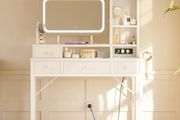Dressing Table with Large LED Mirror 3 Lighting Modes Adjustable Brightness, Built in USB AC Socket Vanity Table with 4 Fabric Drawers, Modern Makeup Desk 100 40 140cm