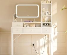 Dressing Table with Large LED Mirror 3 Lighting Modes Adjustable Brightness, Built in USB AC Socket Vanity Table with 4 Fabric Drawers, Modern Makeup Desk 100 40 140cm