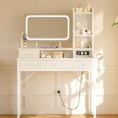 Dressing Table with Large LED Mirror 3 Lighting Modes Adjustable Brightness, Built in USB AC Socket Vanity Table with 4 Fabric Drawers, Modern Makeup Desk 100 40 140cm