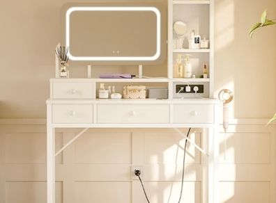 Dressing Table with Large LED Mirror 3 Lighting Modes Adjustable Brightness, Built in USB AC Socket Vanity Table with 4 Fabric Drawers, Modern Makeup Desk 100 40 140cm
