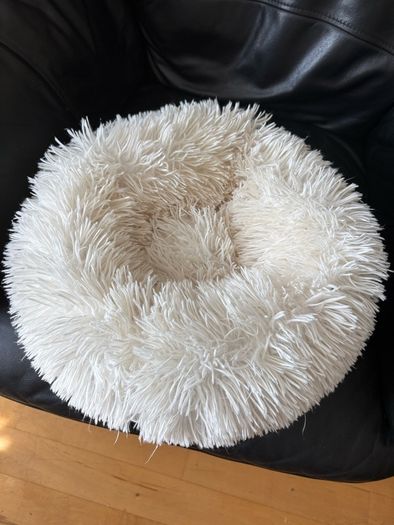 Grey, four-step plush pet staircase and small dog bed