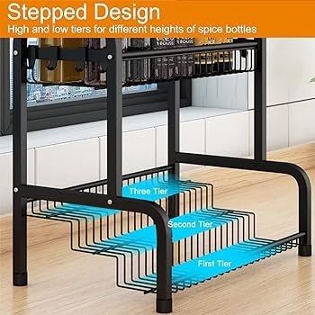 Black Spice Rack Organiser, 2 Tier Spices Organizers and Storage Racks, Spice Racks Free Standing for kitchen Countertop Organizer