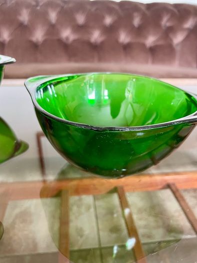 4 Stylish Vintage Vereco France Forest Green Clear Bowls with Tab Handles 1960 70s