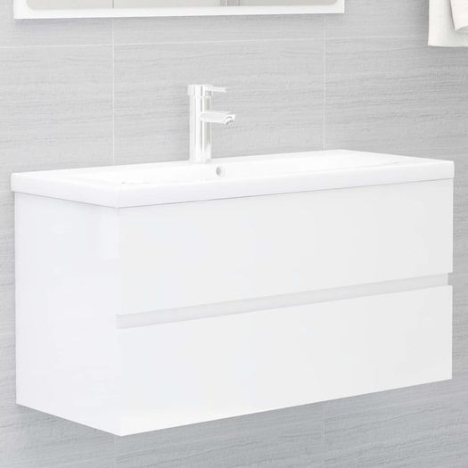Sink Cabinet with Built-in Basin High Gloss White Chipboard