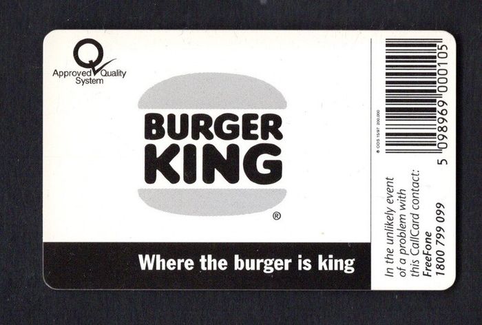 1997 Ireland 10 unit Burger King featuring the slogan "Where the burger is King" (ODS2) Call Card Used