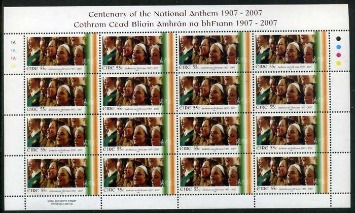 2007 Ireland Centenary of the National Anthem Commemorative Stamp Sheetlet Plate 1B1B1B1B Mint Never Hinged (MNH)