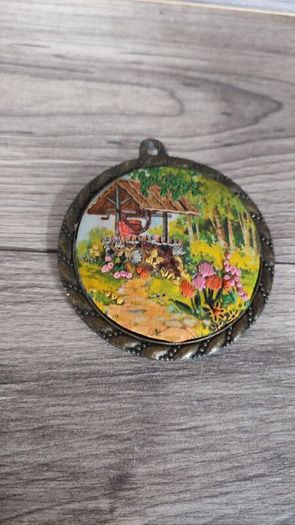 X3 vintage framed creative circle CrossStitch Embroided pictures wishing well, mill and fishing harbour