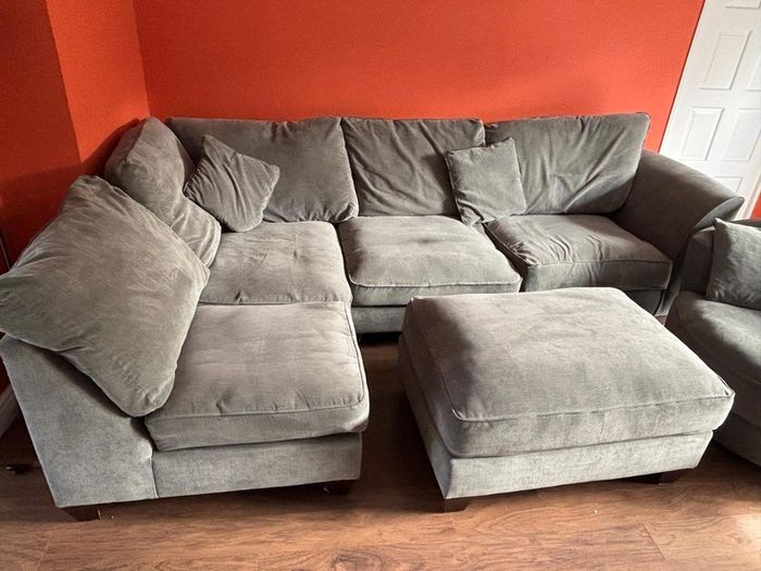 L shaped sofa + large swivel chair + foot stool