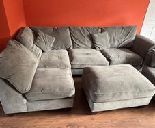 L shaped sofa + large swivel chair + foot stool