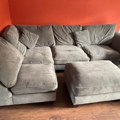 L shaped sofa + large swivel chair + foot stool