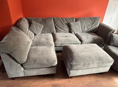 L shaped sofa + large swivel chair + foot stool