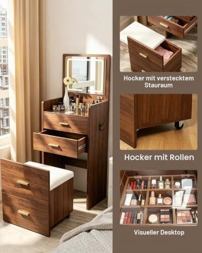3 in 1 LED Slim Dressing Table with LED Lighting Brown
